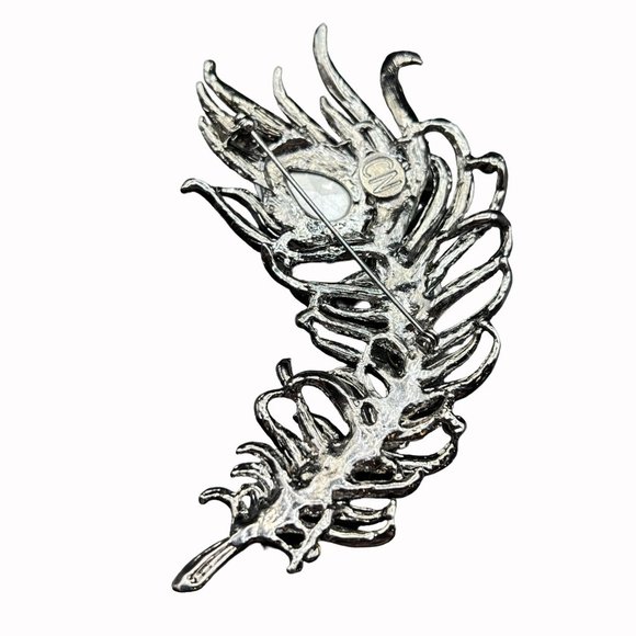 Feather Peacock Large Brooch Pin Lake Blue Crystal Silver Metal Colored Base - Picture 5 of 6